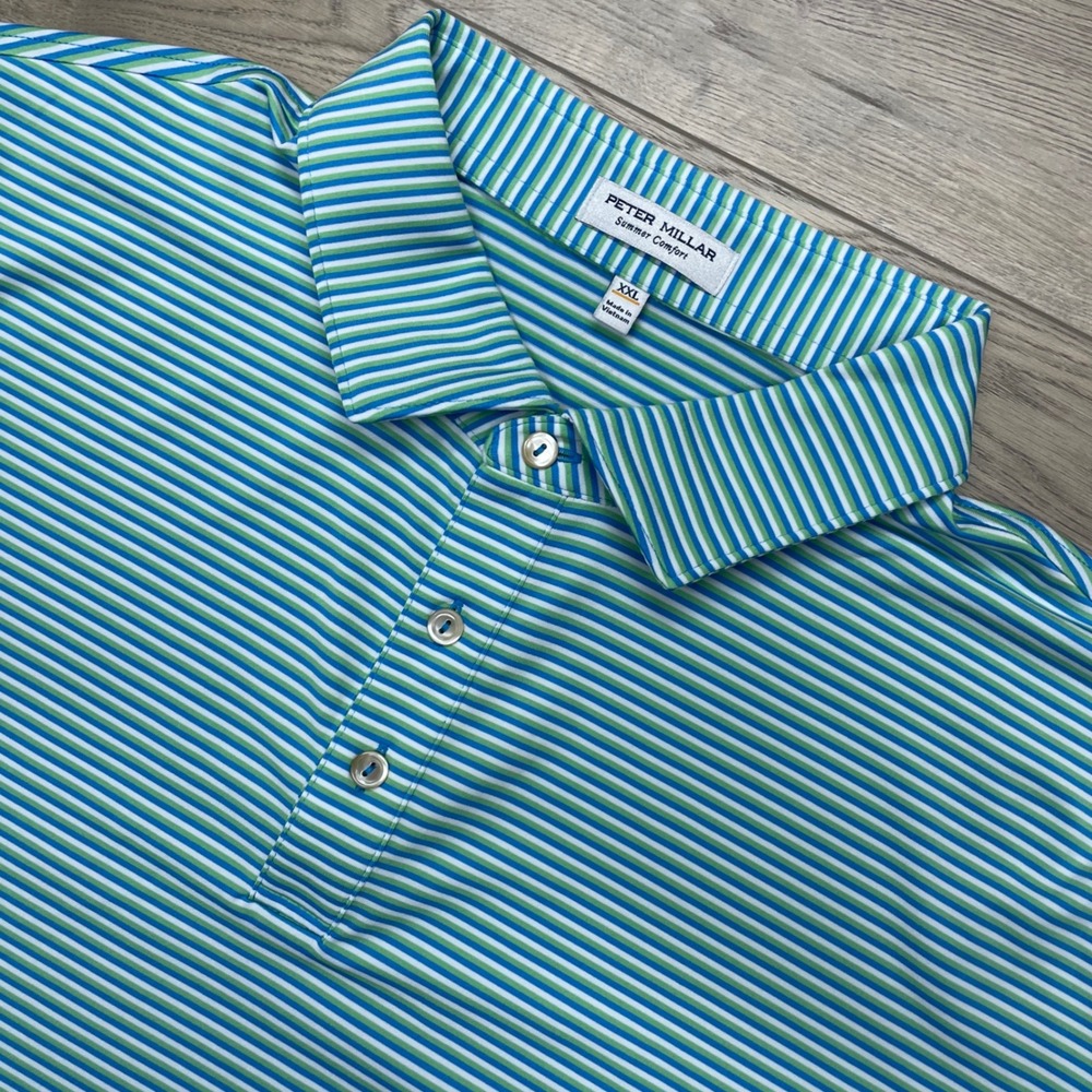 Peter Millar Polo Shirt Mens XXL Blue Green Striped Summer Comfort Short Sleeve